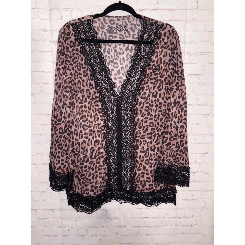 Dixxon‎ Leopard Print Crochet Lace Trim Swinsuit Coverup Brown Black Womens S/M